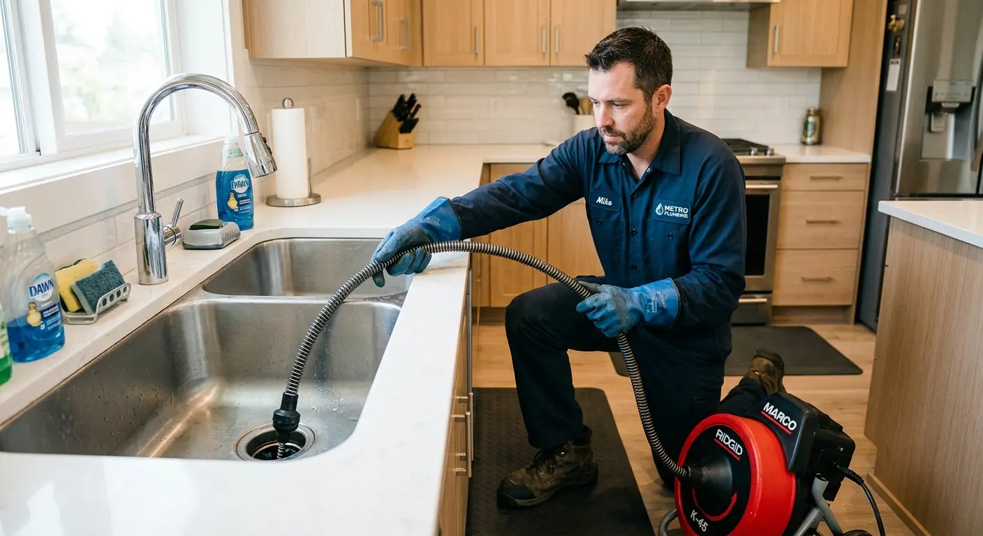 Drain cleaning technician using a motorized snake on a kitchen sink in Doolittle