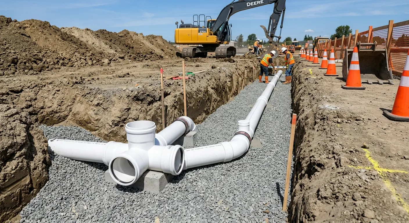 New PVC sewer pipe installation in open trench for Sewer Backup in Doolittle