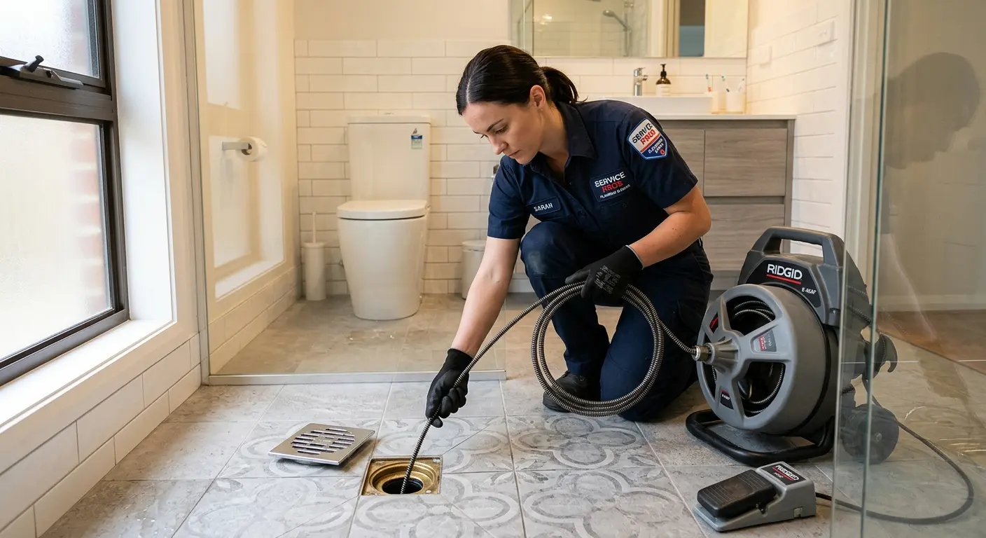Technician clearing a bathroom floor drain for Drain Cleaning in Doolittle
